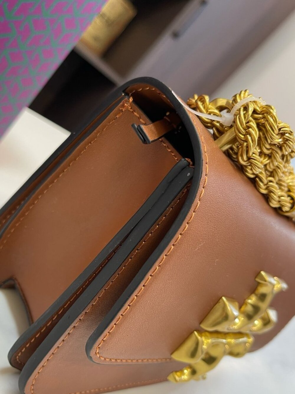 Tory Burch Eleanor Small Cognac Smooth Leather Gold Chain Crossbody Bag - Picture 4 of 6